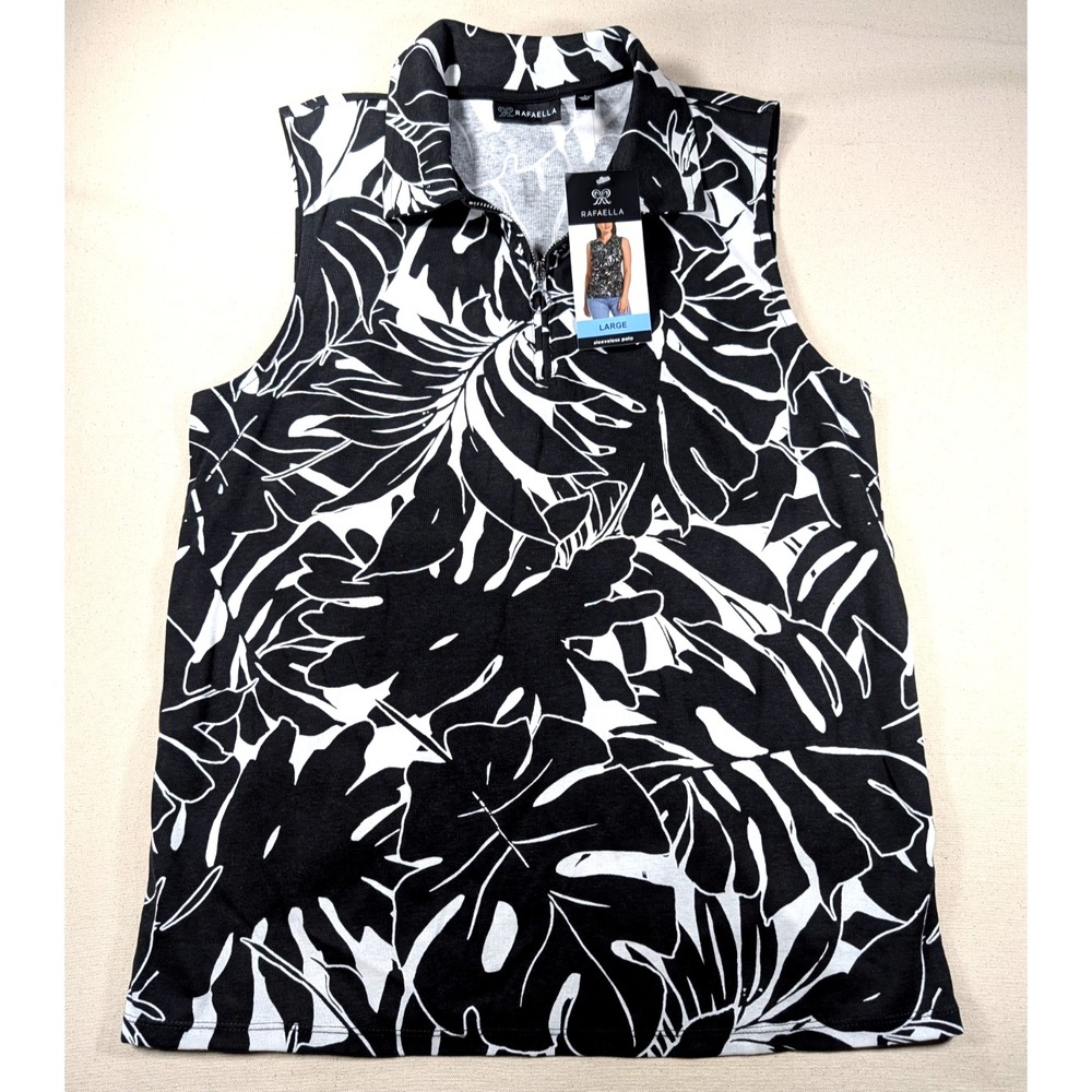 Rafaella Sleeveless Polo Shirt Womens Large - Black White Pressed Palms Zip Top